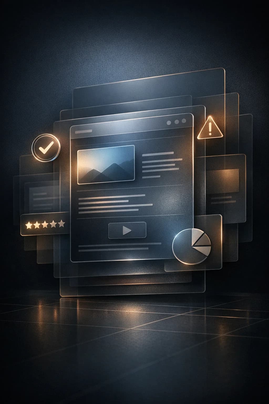 Visual conceptual con paneles translucidos y marcadores de revision en un entorno oscuro y preciso.