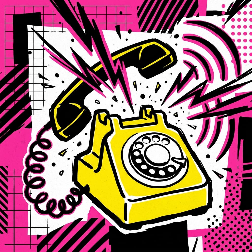 Ilustración neo-brutalista de un teléfono retro sonando explosivamente estilo pop art.