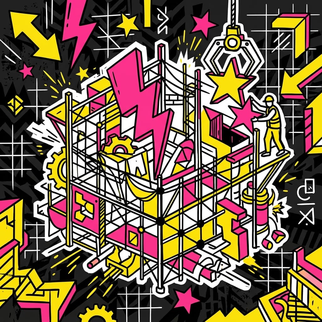 Ilustración neo-brutalista de una pantalla abstracta siendo construida con formas vibrantes de pop art.